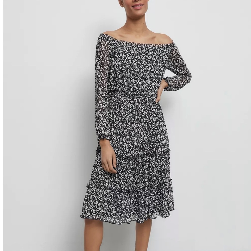 Urban Outfitters Black & White Floral Off-The-Shoulder Midi Dress | NWT Size S